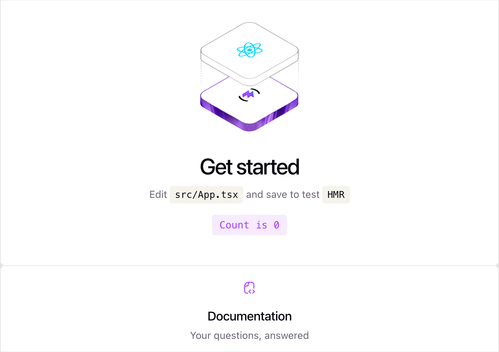 「Get started」見出しとカウントボタンが表示されたVite + Reactスターターページ